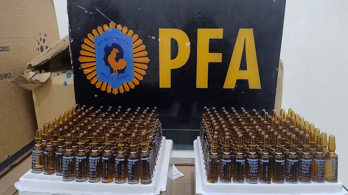 This handout picture released on August 13, 2025, by Argentina's Federal Police shows fentanyl ampoules seized during a police operation in Rosario, Santa Fe Province, Argentina, on May 20, 2025. 