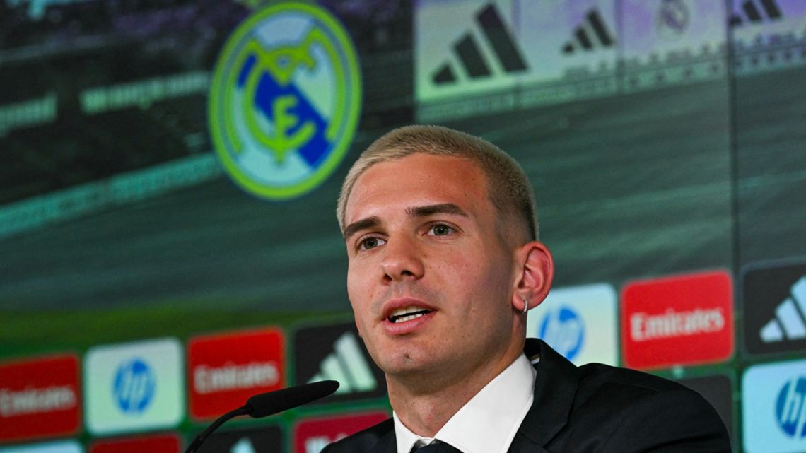 Real Madrid's new player, Argentine midfielder Franco Mastantuono, attends a press conference during his official presentation at the Ciudad Real Madrid training complex in Valdebebas, on the outskirts of Madrid on August 14, 2025. 