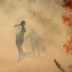 La gente usa cubos de agua para extinguir un incendio forestal que amenaza su casa en el pueblo portugués de Antas, en Trancoso. | Foto:PATRICIA DE MELO MOREIRA / AFP