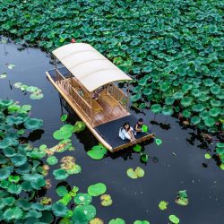 Vista aérea tomada con un dron de un área escénica con estanque de lotos, en la ciudad de Xinghua, en la provincia de Jiangsu, en el este de China. Las personas disfrutan de su temporada estival viajando por todo el país. | Foto:Xinhua/Zhao Yongtao
