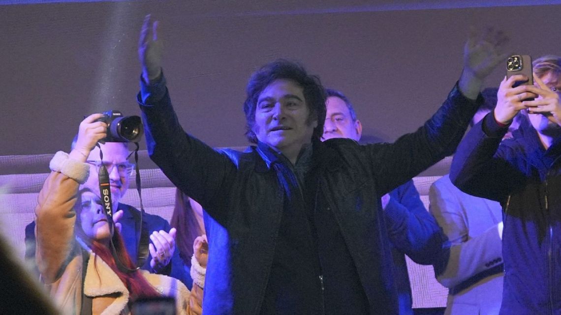 President Javier Milei appears at the Atenas micro-stadium in La Plata to kick off the La Libertad Avanza (LLA) campaign in the capital of Buenos Aires Province. 