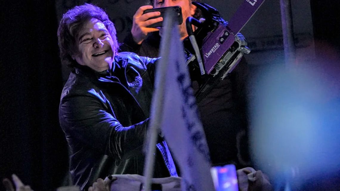 President Javier Milei addresses a campaign rally in La Plata.