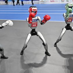 Robots boxeadores demuestran sus habilidades durante los Juegos Mundiales de Robots Humanoides en Pekín. | Foto:PEDRO PARDO / AFP