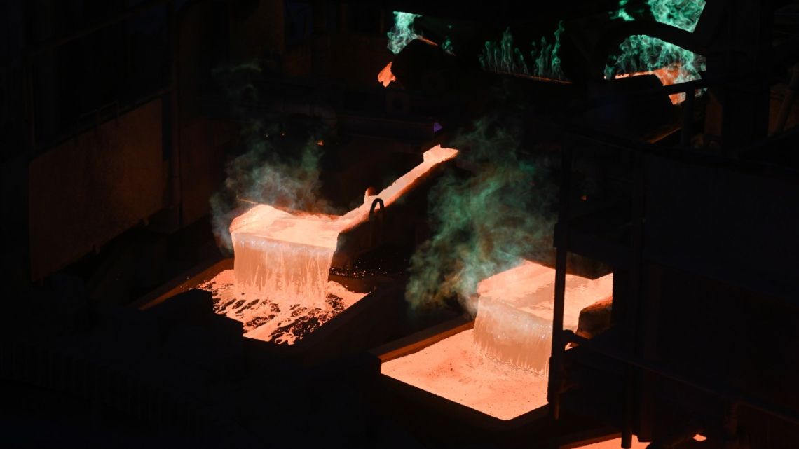 Molten copper is cast into copper anodes in a furnace at the Glencore Canadian Copper Refinery (CCR) in Montreal, Quebec, Canada on Tuesday, August 12, 2025. 