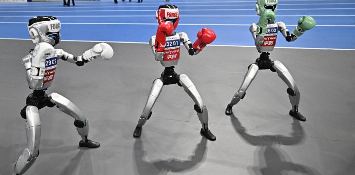 Robots boxeadores demuestran sus habilidades durante los Juegos Mundiales de Robots Humanoides en Pekín.