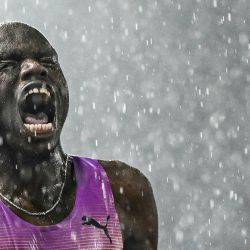 El belga Isaac Kimeli celebra tras ganar la prueba masculina de 5000 m de la competición "Athletissima" de la Liga Diamante de la IAAF, celebrada en el Estadio Olímpico de la Pontaise, Lausana. | Foto:FABRICE COFFRINI / AFP