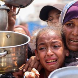 Palestinos se reúnen para recibir comida preparada de un centro de distribución de alimentos en la ciudad de Gaza. | Foto:OMAR AL-QATTAA / AFP