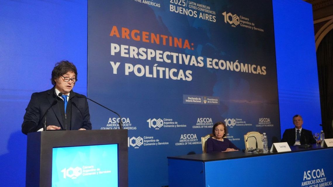 President Javier Milei delivers a speech at a Council of the Americas event at a hotel in Recoleta, Buenos Aires.