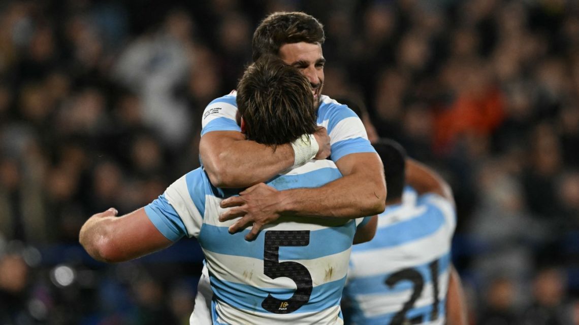 Argentina's Los Pumas lock Pedro Rubiolo celebrates with a teammate after winning the Rugby Championship 2025 match between Argentina and New Zealand at the José Amalfitani Stadium in Buenos Aires on August 23, 2025. 