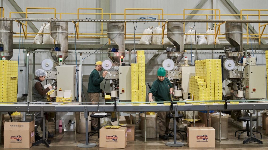 Workers at a Playadito yerba mate packaging plant in Colonia Liebig.  