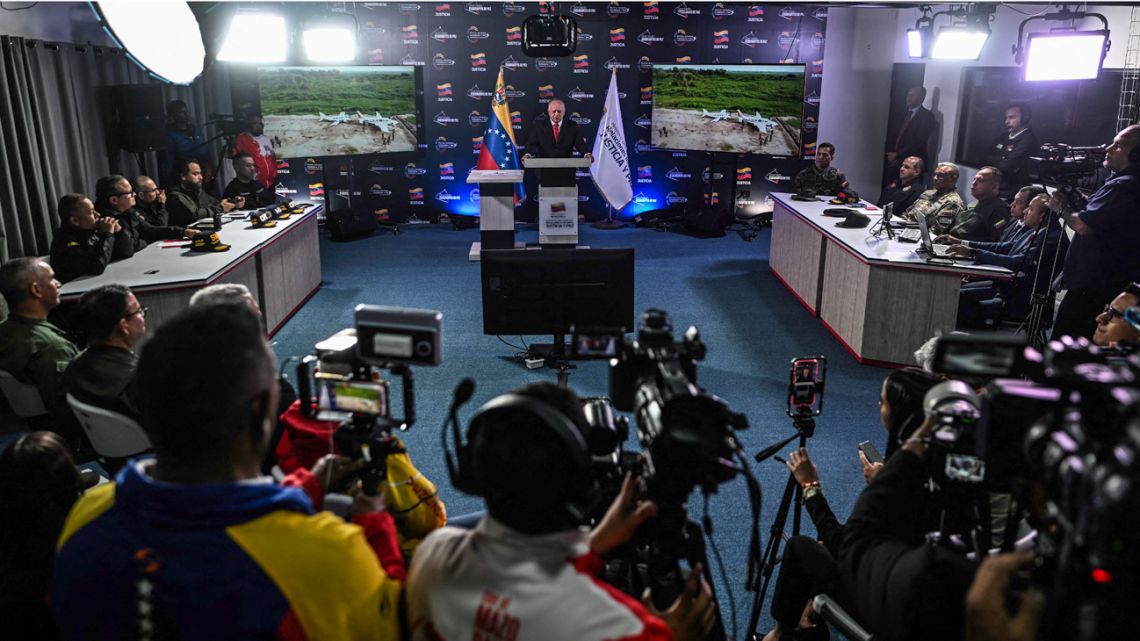 Venezuela's Minister of Interior Relations, Justice, and Peace, Diosdado Cabello speaks during a press conference in Caracas on August 25, 2025.