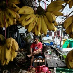 Un vendedor se sienta detrás de plátanos colgados en un mercado de Yangón, Myanmar. | Foto:Sai Aung Main / AFP