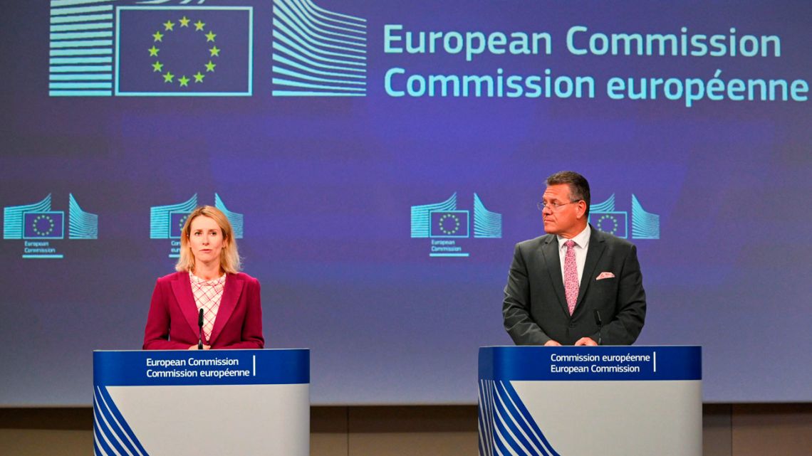 EU High Representative and Vice-President for Foreign Affairs and Security Policy Kaja Kallas and EU Commissioner for Trade and Economic Security, Interinstitutional relations and Transparency Maros Sefcovic hold a press conference on the Mercosur trade agreement, at the EU headquarters, in Brussels, on September 3, 2025.