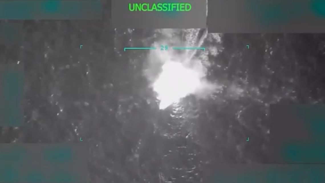 Trump posted a video online of an open-topped speedboat carrying a number of people traveling on a body of water before it exploded in a ball of flames. 