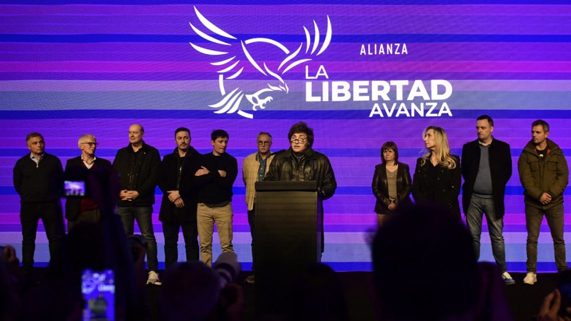 President Javier Milei speaks after the provincial midterm elections in La Plata, Buenos Aires province, Argentina on September 7, 2025. 