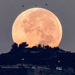 La luna llena se pone detrás del monte Gerizim, como se ve desde Nablus, en la Cisjordania ocupada. | Foto:JAAFAR ASHTIYEH / AFP