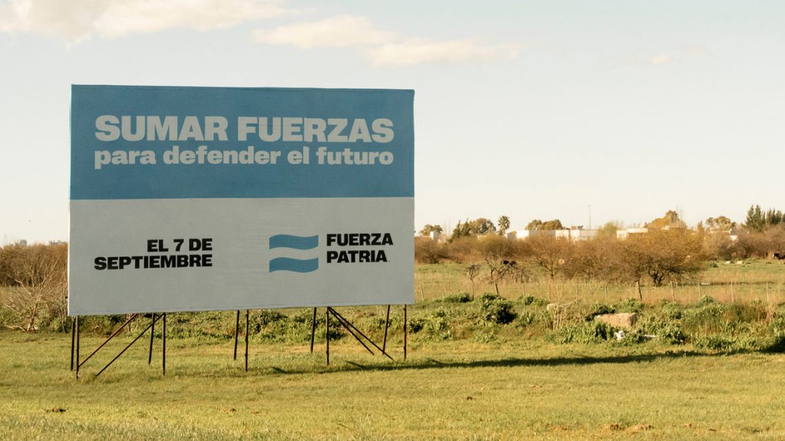 A campaign billboard for the Fuerza Patria party during the provincial election in La Plata, Buenos Aires Province, on Sunday, Sept.ember 7, 2025. 