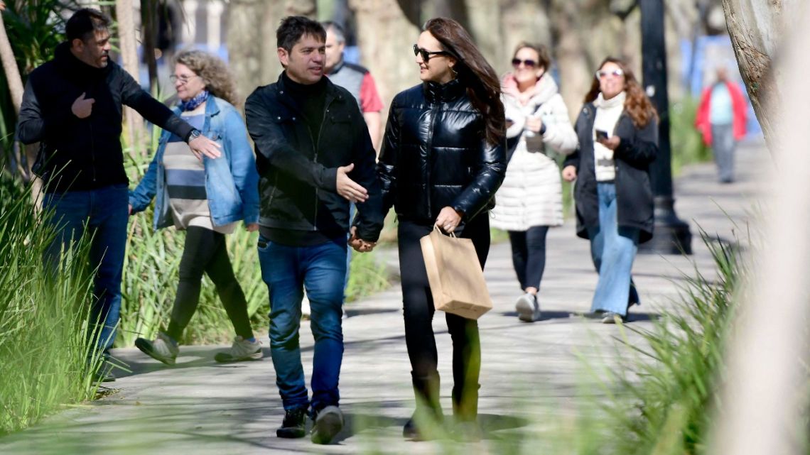 Buenos Aires Province Governor Axel Kicillof and his wife Soledad Quereilhac take a walk in La Plata during provincial legislative elections, on September 7, 2025.