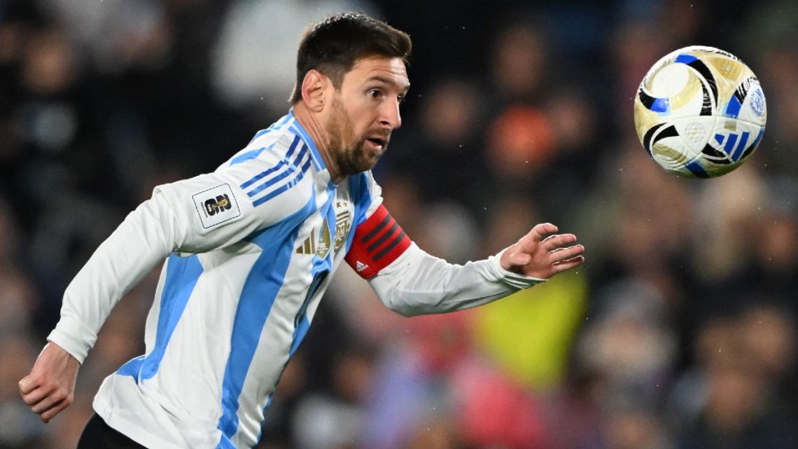 Argentina's forward #10 Lionel Messi eyes the ball during the 2026 FIFA World Cup South American qualifiers football match between Argentina and Venezuela at the Mas Monumental stadium in Buenos Aires on September 4, 2025. 