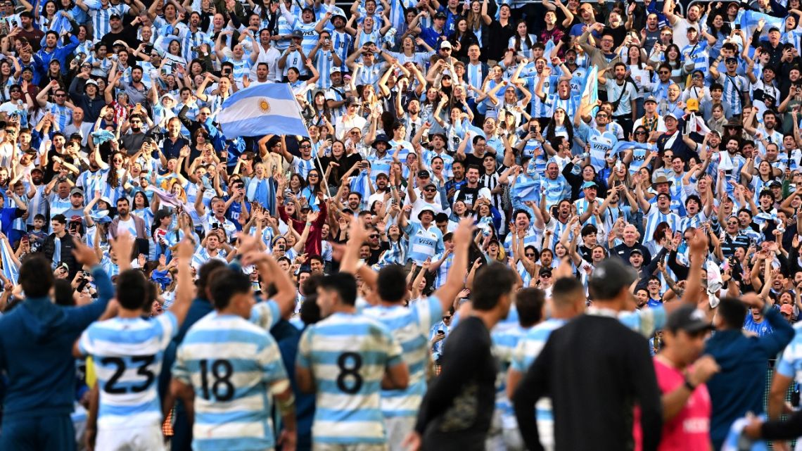 Argentina fans celebrate their team's victory over Australia after the Rugby Championship Test match between Argentina and Australia at Allianz Stadium in Sydney on September 13, 2025. 