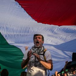 Un hombre se manifiesta bajo una gigantesca bandera palestina que ondea sobre él en el puerto de la isla de Spyros antes de la partida de dos barcos que forman la delegación de Oxygen para unirse a la Flotilla Global Sumud, una misión internacional que busca romper el bloqueo israelí de Gaza y entregar ayuda humanitaria a los palestinos. | Foto:ARIS MESSINIS / AFP