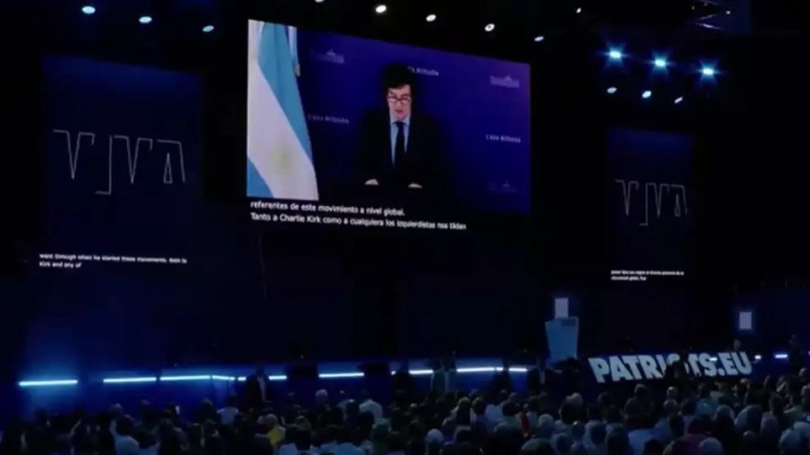 President Javier Milei addresses a far-right event hosted by Spanish political party Vox by video.