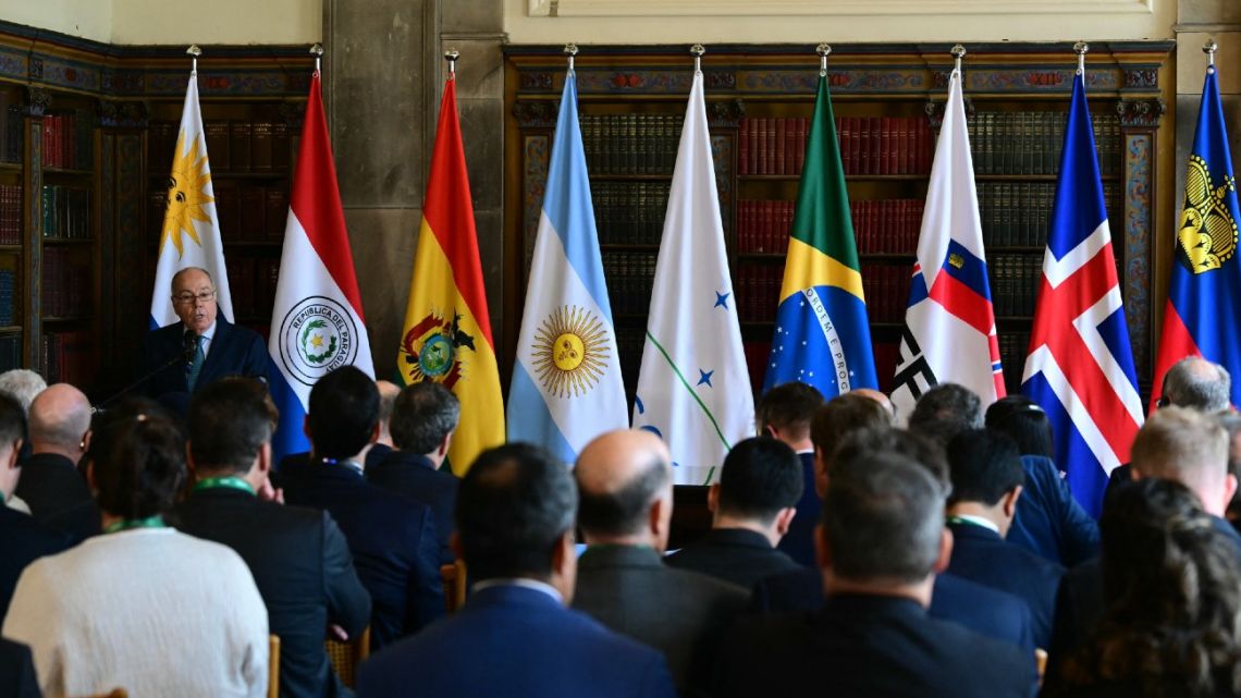 Brazil's Foreign Minister Mauro Vieira delivers a speech during a meeting between South America's Mercosur bloc and the European Free Trade Association (EFTA) representatives at Itamaraty Palace in Rio de Janeiro, Brazil, on September 16, 2025. 