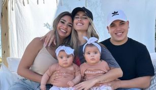 Juli Poggio junto a Daniela Celis, Thiago Medina y las gemelas, Laia y Aimé