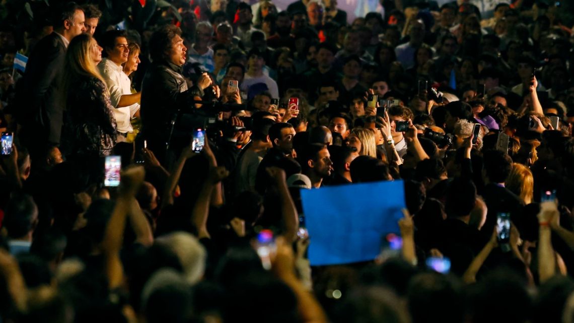 President Javier Milei speaks during an open-air political rally at Parque Sarmiento in Córdoba on September 19, 2025. 