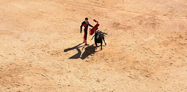 El novillero francés Víctor realiza un pase a un toro de lidia durante la Feria de la Vendimia en Nimes, sur de Francia.