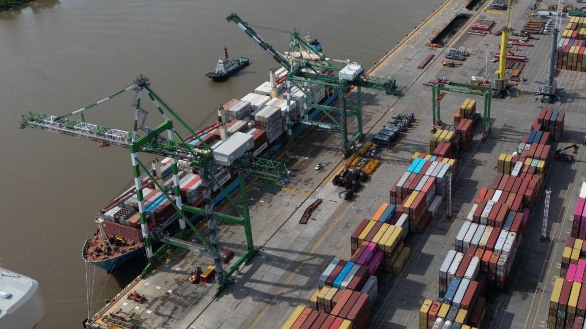 Aerial view of Zárate port on the banks of the Paraná river, in Zárate, Buenos Aires Province, taken on September 18, 2025. 