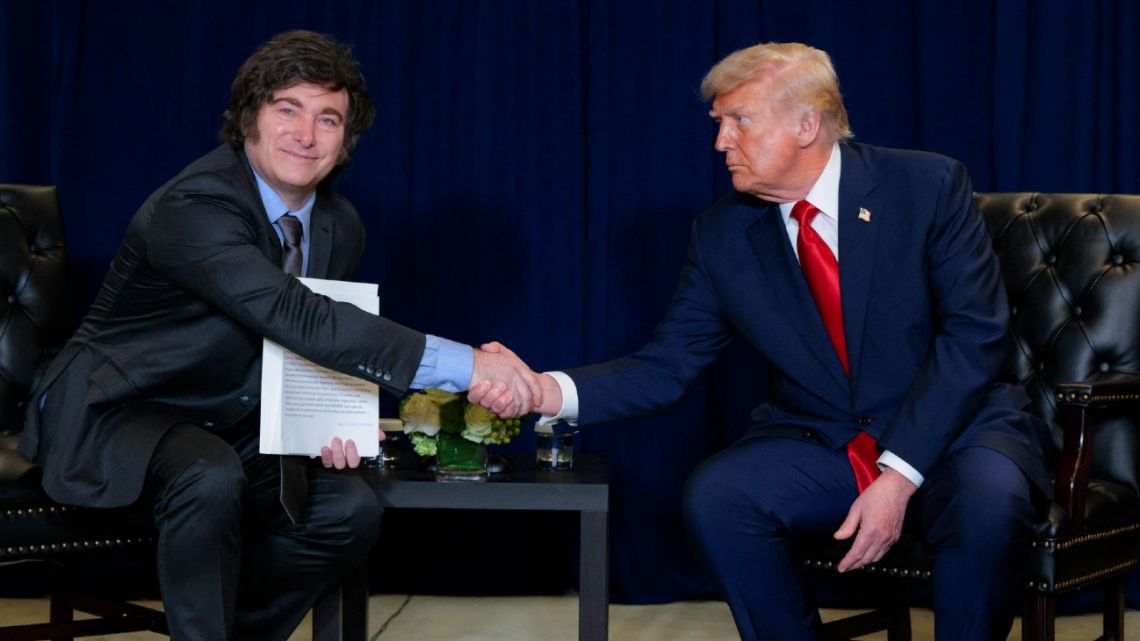 US President Donald Trump shakes hands with Argentina’s President Javier Milei during a bilateral meeting on the sidelines of the 80th session of the UN’s General Assembly (UNGA) at the United Nations headquarters on September 23, 2025 in New York City. 
