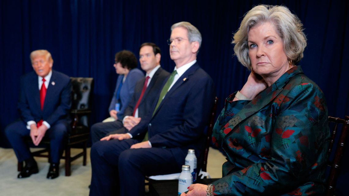 White House Chief-of- Staff Susie Wiles, US Treasury Secretary Scott Bessent, US Secretary of State Marco Rubio and US President Donald Trump attend a bilateral meeting with President of Argentina Javier Milei during the 80th session of the UN’s General Assembly (UNGA) at the United Nations headquarters on September 23, 2025 in New York City. 