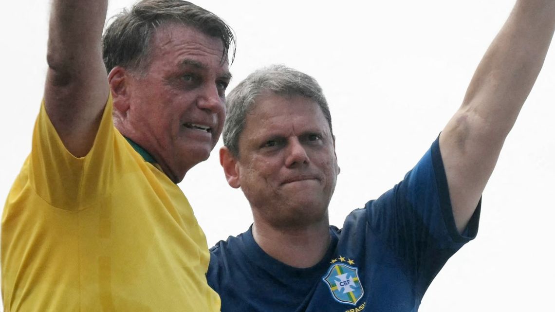 Brazil's former president Jair Bolsonaro (Left) waves next to Sao Paulo Governor Tarcisio de Freitas(Right) during a rally in Rio de Janeiro, Brazil, on March 16, 2025.