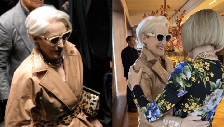 Meryl Streep, vestida como Miranda Priestly, sorprendió en un desfile en Milán: su icónico abrazo con Anna Wintour