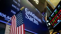 Goldman Sachs signage on the floor of the New York Stock Exchange.