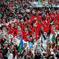 Simpatizantes de Jamaat-e-Islami, un partido político islamista, se reunieron para expresar su solidaridad con los palestinos durante una protesta antiisraelí en Karachi, en medio de la guerra en curso entre Israel y el grupo militante Hamás. | Foto:RIZWAN TABASSUM / AFP