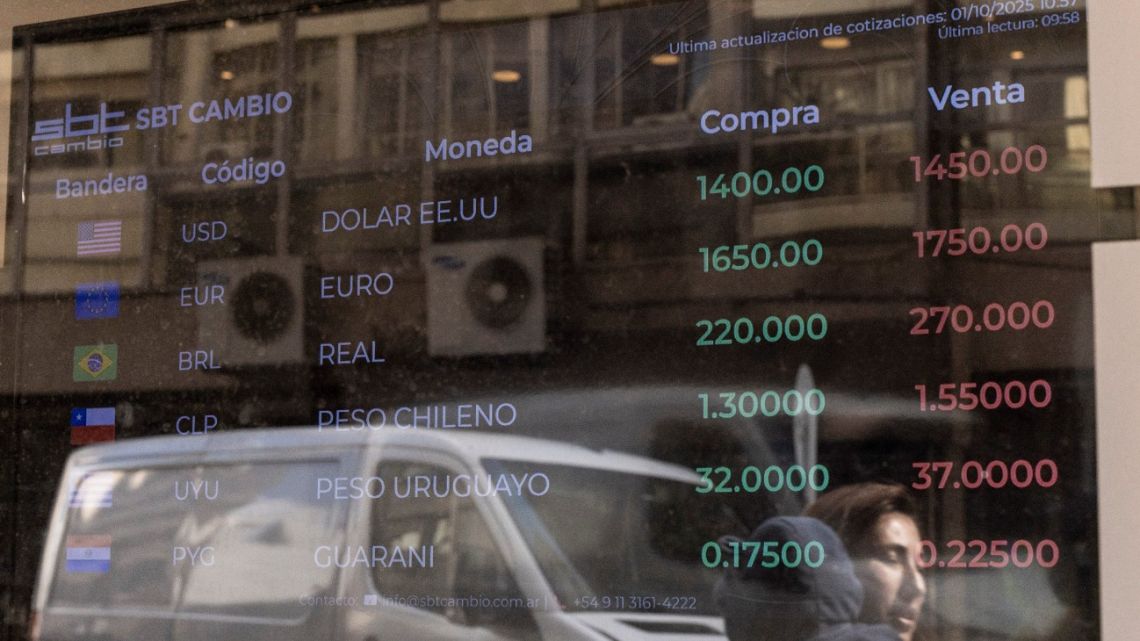 Currency rates are displayed at an exchange house in Buenos Aires, Argentina, on October 6.