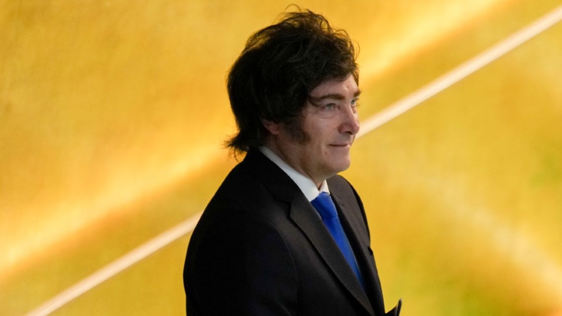 President Javier Milei arrives to speak during the United Nations General Assembly in New York on September 24.