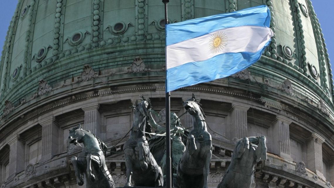 Argentina’s flag flutters at the National Congress.