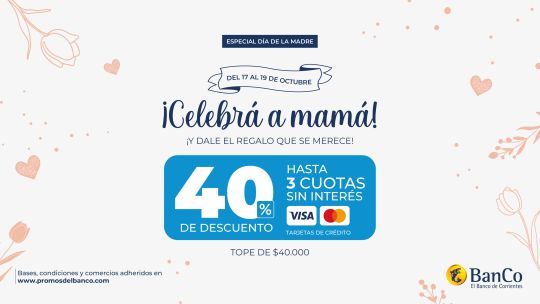 Día de la Madre: el Banco de Corrientes ofrece hasta 40% de descuento y 3 cuotas sin interés