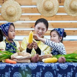 Niños aprenden a identificar cereales bajo la supervisión de una profesora en una escuela primaria, en la ciudad de Taizhou, en la provincia de Jiangsu, en el este de China. Eventos temáticos se han llevado a cabo en toda China para conmemorar el Día Mundial de la Alimentación. | Foto:Xinhua/Zhou Shegen