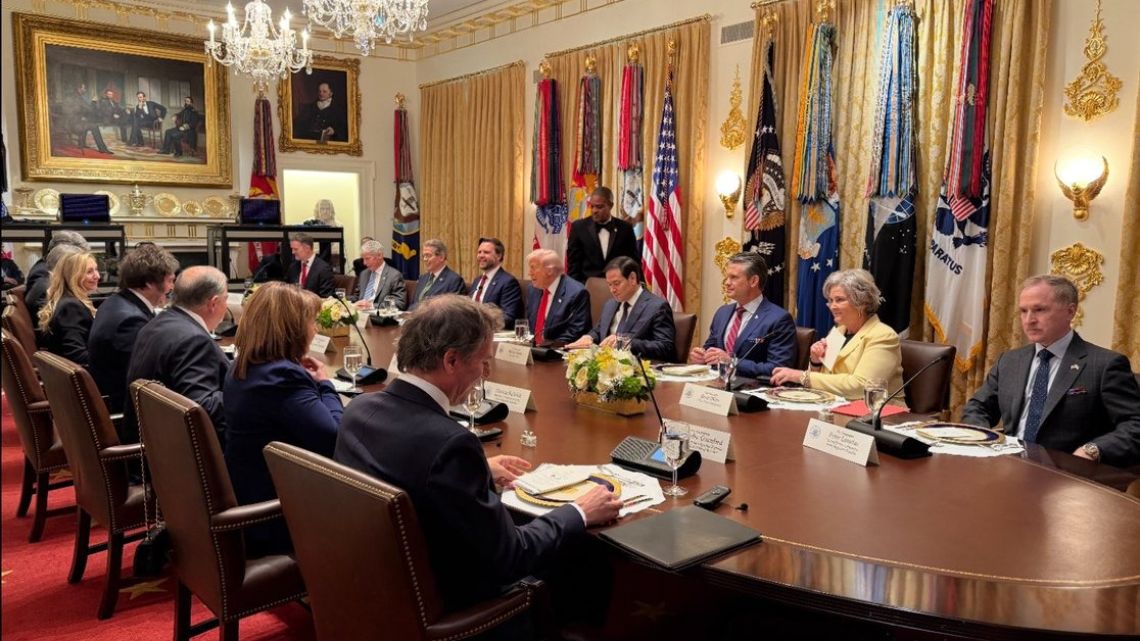 US President Donald Trump and some of his top officials welcome Argentina's President Javoer Milei and his team to the White House.