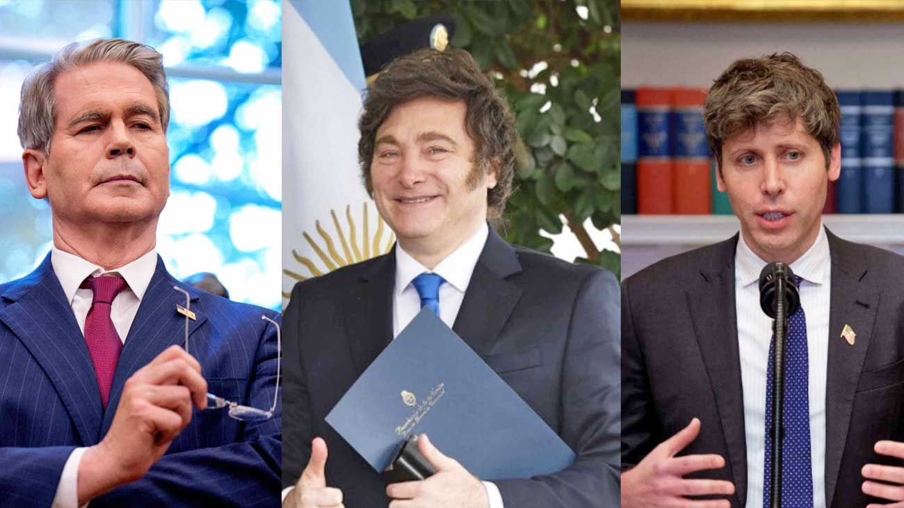 Ellos. (De izq. a der.) Scott Bessent, ministro de economía “remoto” de Milei; Sam Altman, una intención billonaria para Argentina que no publicitó en sus redes.