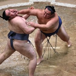 Tamawashi (derecha) lucha con Kinbozan (izquierda) durante su combate en el segundo día del Gran Torneo de Sumo en el Royal Albert Hall, en el centro de Londres, Inglaterra. | Foto:HENRY NICHOLLS / AFP
