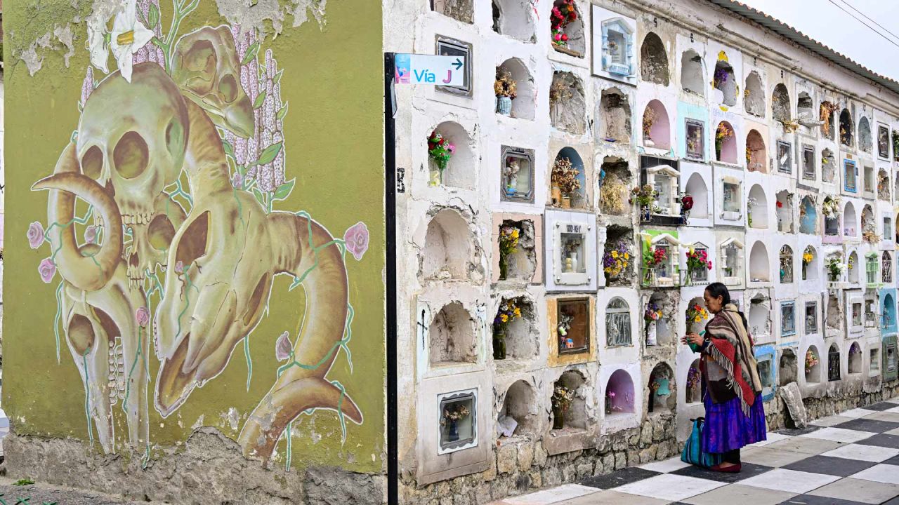 Una mujer indígena visita un nicho funerario en el Cementerio General de La Paz, Bolivia. | Foto:MARTIN BERNETTI / AFP