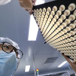 Imagen de un empleando trabajando en un taller de una compañía de fabricación de lentes de contacto, en el distrito de Ganyu de la ciudad de Lianyungang, en la provincia de Jiangsu, en el este de China. | Foto:Xinhua/Si Wei