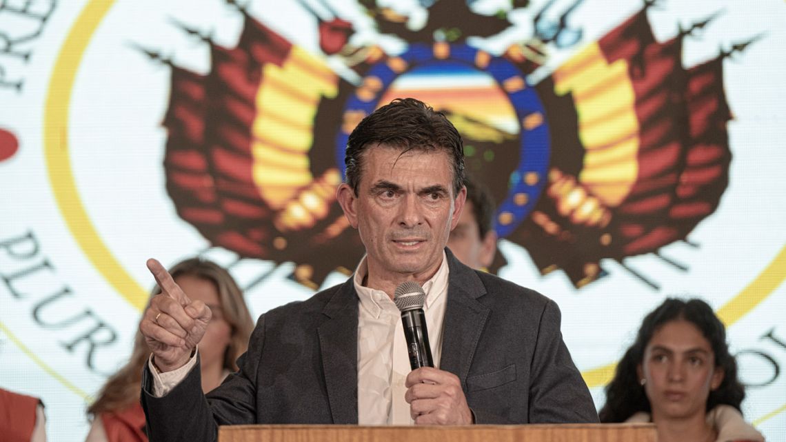 Bolivia’s president-elect Rodrigo Paz speaks during an election night rally following the presidential run-off election in La Paz, Bolivia on October 19, 2025.