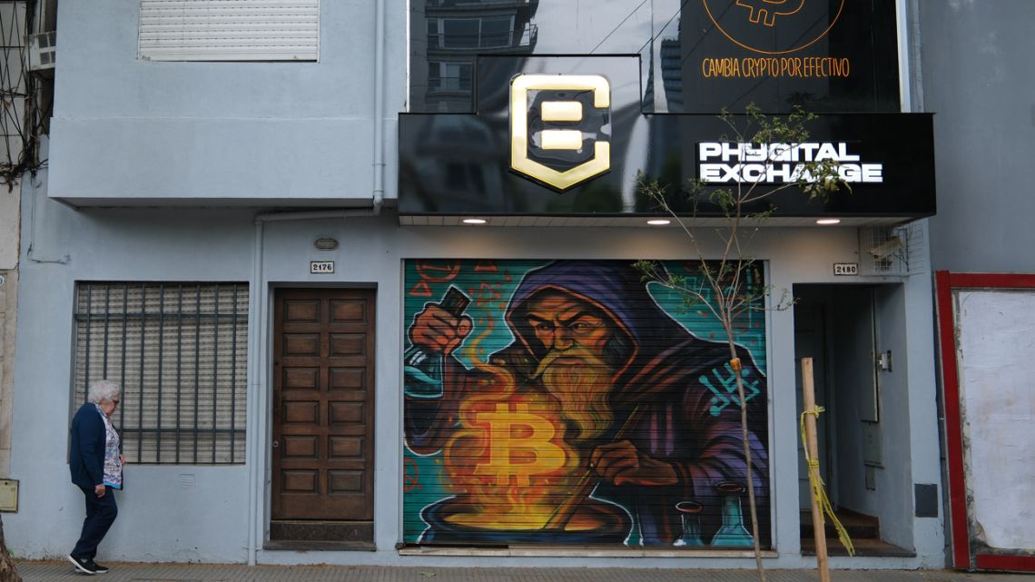 Bitcoin signage outside a cryptocurrency exchange house in Buenos Aires on October 22.  