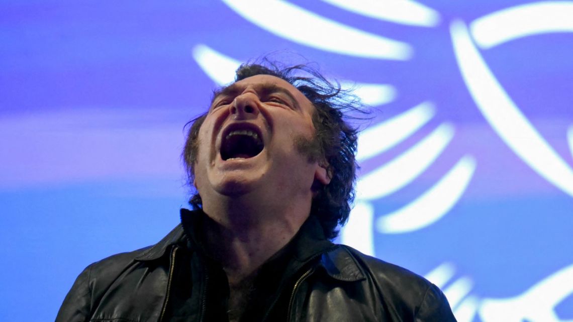 President Javier Milei shouts during the closing campaign rally of Libertad Avanza party ahead of the upcoming legislative elections in Rosario, Santa Fe Province, Argentina on October 23, 2025.